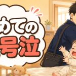 出勤前、泣く生後9ヶ月の息子を見て驚きながらも成長を感じるパパのイラスト