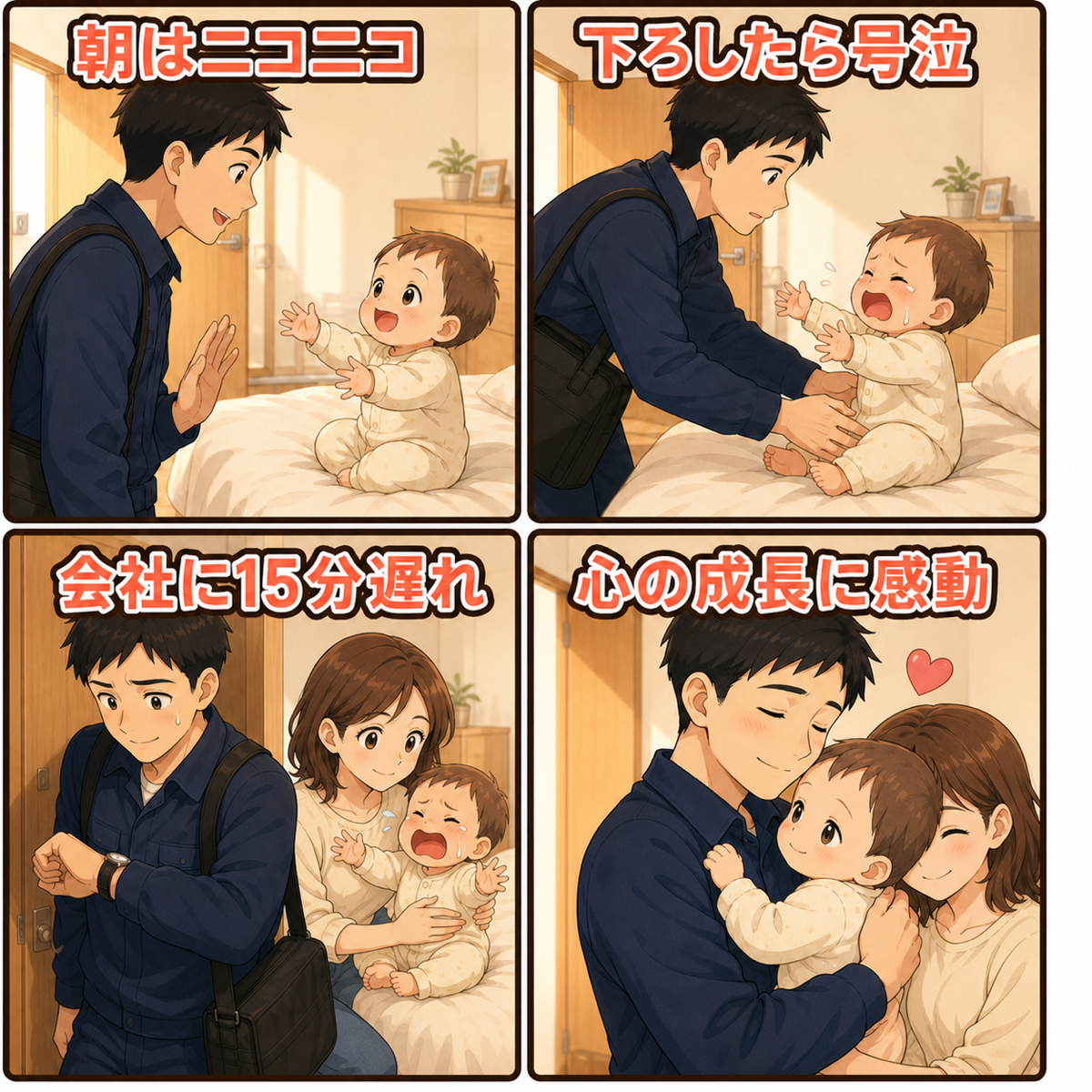 出勤前に号泣した生後9ヶ月の息子をエリちゃんが見守り、うれしさを感じながら会社へ急ぐパパを描く4コマ漫画