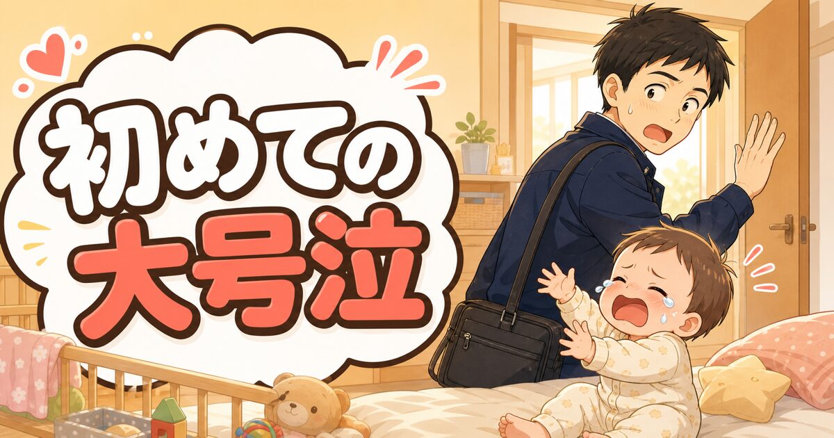 出勤前、泣く生後9ヶ月の息子を見て驚きながらも成長を感じるパパのイラスト