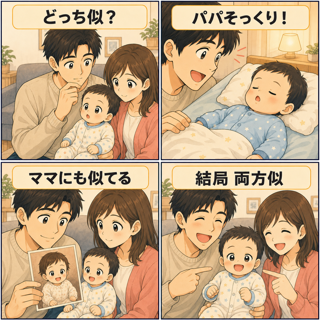 赤ちゃんのどっち似をテーマに、寝顔のパパ似と写真で分かったママ似を描いた4コマ漫画