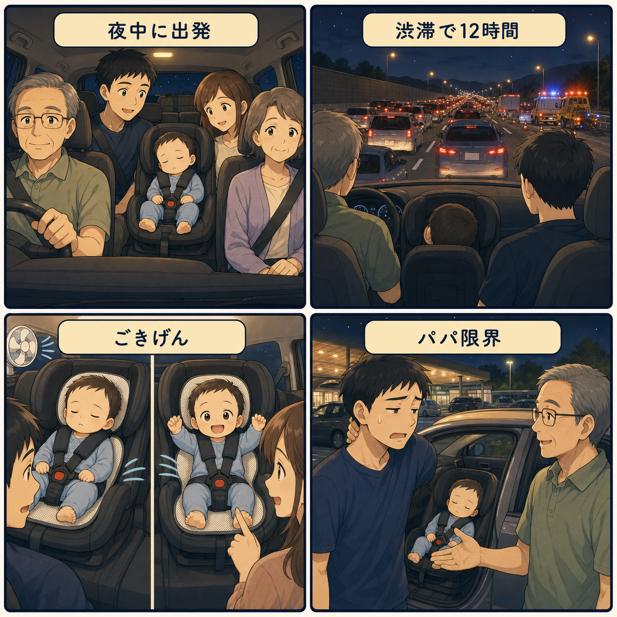 夜中に出発し、渋滞12時間の大阪帰省を家族で乗り切った4コマ漫画