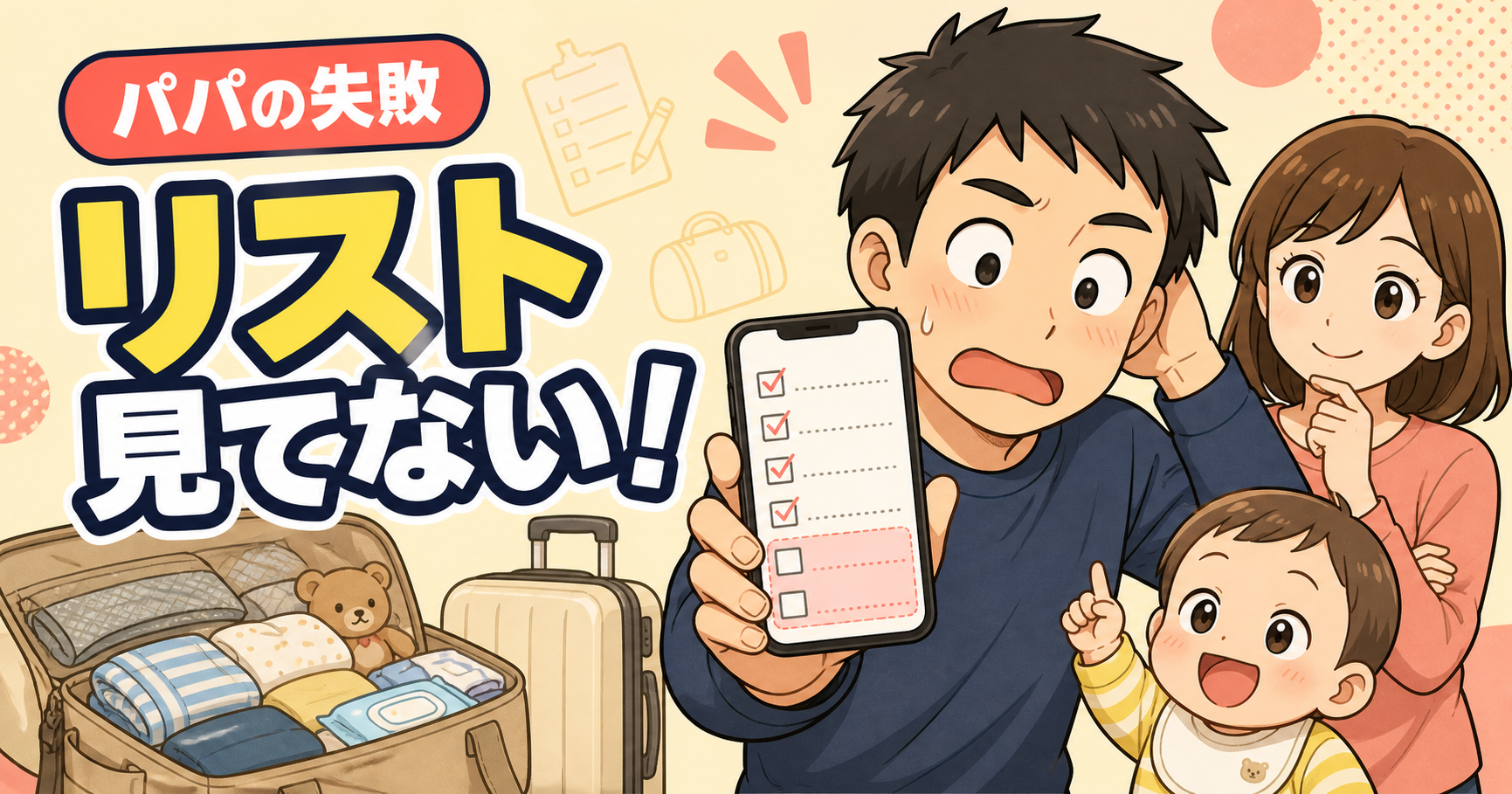 持ち物リストを確認せず赤ちゃん用シャンプーを忘れたパパと家族のイラスト